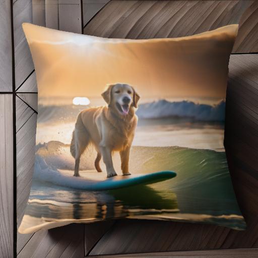 サーフボード ゴールデンレトリーバー 海 夕日 波 クッションカバー 45×45cm アニマル柄 おしゃれ 可愛い クッション本体付き 正方形 犬ファン