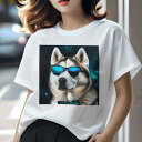 Tシャツ レディース 犬ファン 半袖 春夏 犬柄 プリント カジュアル かわいい 人間用 フィットネス ダンス サングラス シベリアンハスキー 蝶ネクタイ 宇宙