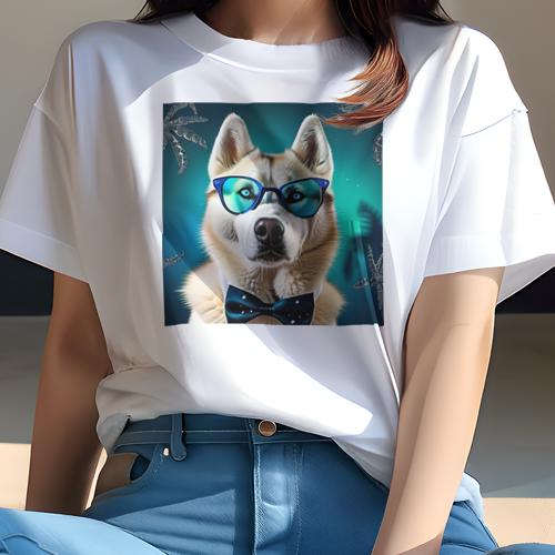 Tシャツ レディース 犬ファン 半袖 春夏 犬柄 プリント カジュアル かわいい 人間用 フィットネス ダンス サングラス シベリアンハスキー 蝶ネクタイ ヤシの木