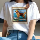Tシャツ レディース 犬ファン 半袖 春夏 犬柄 プリント カジュアル かわいい 人間用 フィットネス ダンス サーフィン ゴールデンレトリバー 海 景色 絵画 波(4)