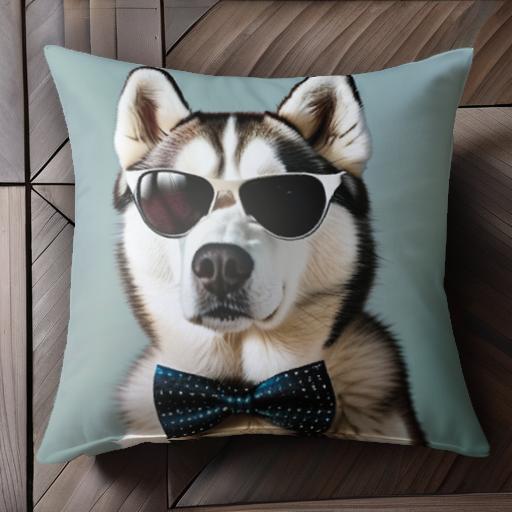 サングラス シベリアンハスキー 蝶ネクタイ クッションカバー 45×45cm アニマル柄 おしゃれ 可愛い クッション本体付き 正方形 犬ファン
