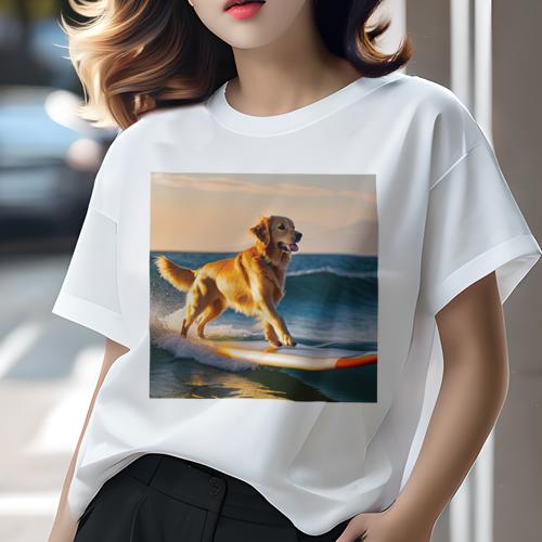 Tシャツ レディース 犬ファン 半袖 春夏 犬柄 プリント カジュアル かわいい 人間用 フィットネス ダンス サーフィン ゴールデンレトリバー 夕日 海 犬