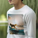 長袖Tシャツ 人間用 メンズ 秋春夏 プリント レジャー アウトドア カジュアル かわいい 犬ファン サーフボード ゴールデンレトリバー 夕日 波 海 サーフィン
