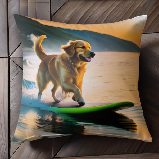 サーフボード ゴールデンレトリバー 海 日沒 波 クッションカバー 45×45cm アニマル柄 おしゃれ 可愛い クッション本體付き 正方形 犬ファン