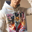 パーカー 人間用 メンズ 秋春夏 プリント レジャー ポケットレス プルオーバーパーカー カジュアル かわいい 犬ファン 桜 柴犬 着物 夜景