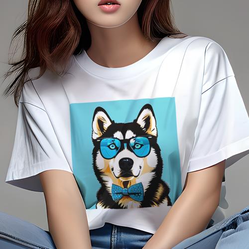 Tシャツ レディース 犬ファン 半袖 春夏 犬柄 プリント カジュアル かわいい 人間用 フィットネス ダンス メガネ シベリアンハスキー 蝶ネクタイ Tシャツ レディース 犬ファン 半袖 春夏 犬柄 プリント カジュアル かわいい 人間用 フィットネス ダンス メガネ シベリアンハスキー 蝶ネクタイ