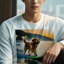 長袖Tシャツ 人間用 メンズ 秋春夏 プリント レジャー アウトドア カジュアル かわいい 犬ファン サーフボード ゴールデンレトリバー 海 日没 波