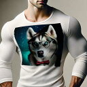 長袖Tシャツ 人間用 メンズ 秋春夏 プリント レジャー アウトドア カジュアル かわいい 犬ファン メガネ シベリアンハスキー 蝶ネクタイ 星空