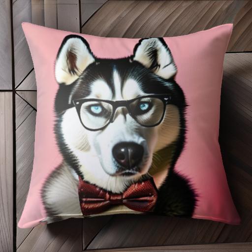 眼鏡 シベリアンハスキー 蝶ネクタイ ピンクの背景 クッションカバー 45×45cm アニマル柄 おしゃれ 可愛い クッション本体付き 正方形 犬ファン
