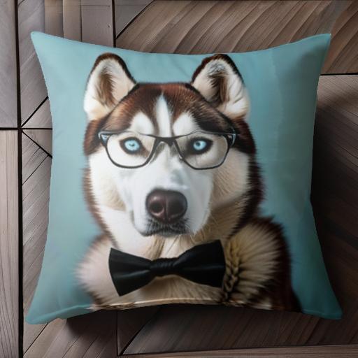 メガネ ハスキー 蝶ネクタイ クッションカバー 45×45cm アニマル柄 おしゃれ 可愛い クッション本体付..