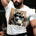 Tシャツ メンズ キッズ 犬ファン 半袖 春夏 犬柄 プリント カジュアル かわいい 人間用 フィットネス ダンス サングラス シベリアンハスキー 蝶ネクタイ(4)