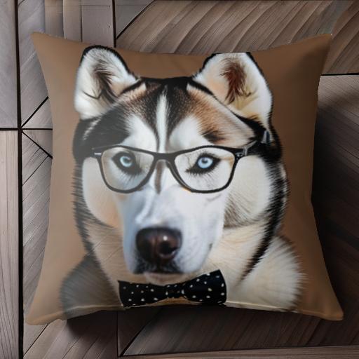 メガネ シベリアンハスキー 蝶ネクタイ 茶色背景 クッションカバー 45×45cm アニマル柄 おしゃれ 可愛い クッション本体付き 正方形 犬ファン