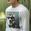 長袖Tシャツ 人間用 メンズ 秋春夏 プリント レジャー アウトドア カジュアル かわいい 犬ファン サングラス シベリアンハスキー 蝶ネクタイ