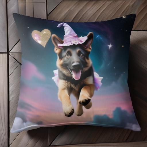 魔法の帽子 ジャーマンシェパード ファンタジー ハート 宇宙 星 クッションカバー 45×45cm アニマル柄 おしゃれ 可愛い クッション本体付き 正方形 犬ファン