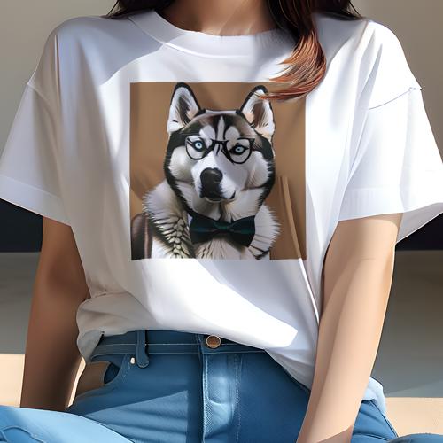 Tシャツ レディース 犬ファン 半袖 春夏 犬柄 プリント カジュアル かわいい 人間用 フィットネス ダンス 眼鏡 シベリアンハスキー 蝶ネクタイ