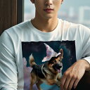 長袖Tシャツ 人間用 メンズ 秋春夏 プリント レジャー アウトドア カジュアル かわいい 犬ファン 魔法の帽子 ジャーマンシェパードドッグ 星空 雲