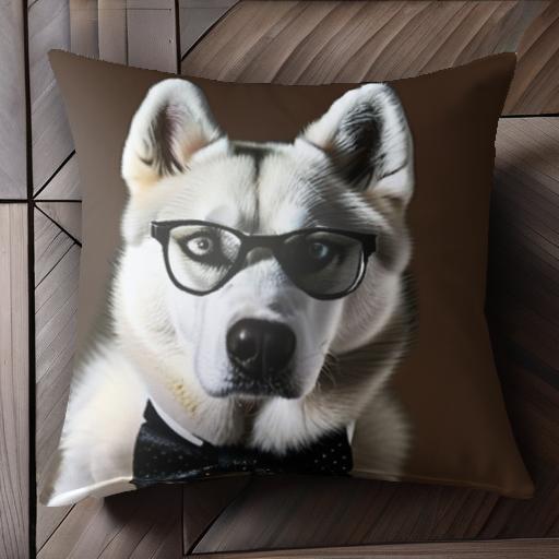 眼鏡 シベリアンハスキー 蝶ネクタイ 茶色の背景 クッションカバー 45×45cm アニマル柄 おしゃれ 可愛い クッション本体付き 正方形 犬ファン