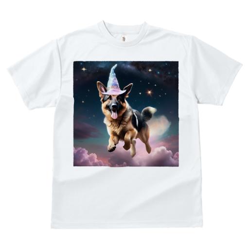 Tシャツ レディース 犬ファン 半袖 春夏 犬柄 プリント カジュアル かわいい 人間用 フィットネス ダンス 魔法の帽子 ジャーマンシェパードドッグ 星空 雲 魔法