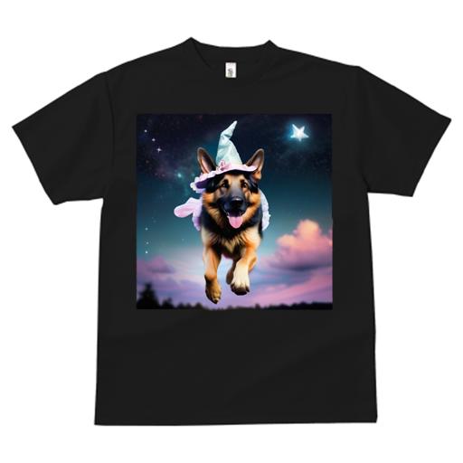 Tシャツ レディース 犬ファン 半袖 春夏 犬柄 プリント カジュアル かわいい 人間用 フィットネス ダンス 魔法使いの帽子 ジャーマンシェパードドッグ 星 夜空 雲
