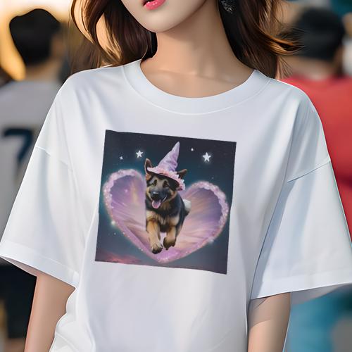 Tシャツ レディース 犬ファン 半袖 春夏 犬柄 プリント カジュアル かわいい 人間用 フィットネス ダンス 魔法使いの帽子 ジャーマンシェパード 夜空 星 ハート