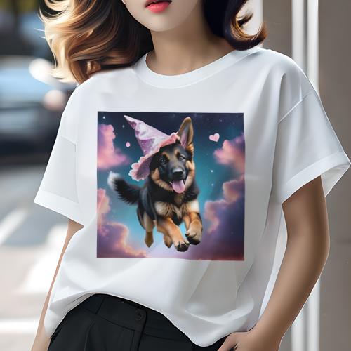Tシャツ レディース 犬ファン 半袖 春夏 犬柄 プリント カジュアル かわいい 人間用 フィットネス ダンス 魔法の帽子 ジャーマンシェパードドッグ ピンクの雲 星 ハート Tシャツ レディース 犬ファン 半袖 春夏 犬柄 プリント カジュアル かわいい 人間用 フィットネス ダンス 魔法の帽子 ジャーマンシェパードドッグ ピンクの雲 星 ハート