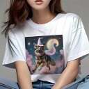 Tシャツ レディース 犬ファン 半袖 春夏 犬柄 プリント カジュアル かわいい 人間用 フィットネス ダンス 魔法の帽子 ジャーマンシェパードドッグ 星空 雲 ファンタジー(4)