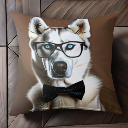 メガネ シベリアンハスキー 蝶ネクタイ クッションカバー 45×45cm アニマル柄 おしゃれ 可愛い クッション本体付き 正方形 犬ファン