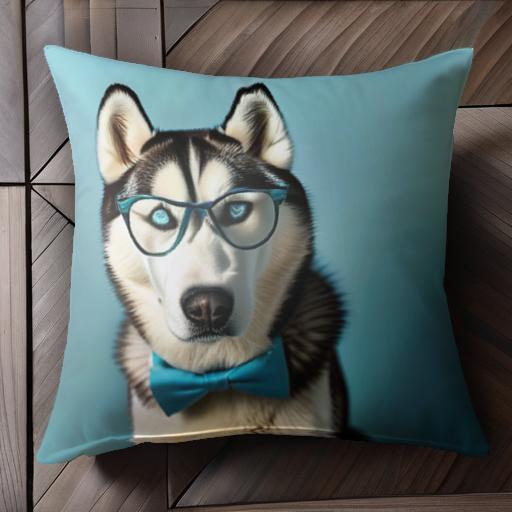メガネ シベリアンハスキー 蝶ネクタイ 青色の背景 クッションカバー 45×45cm アニマル柄 おしゃれ 可愛い クッション本体付き 正方形 犬ファン