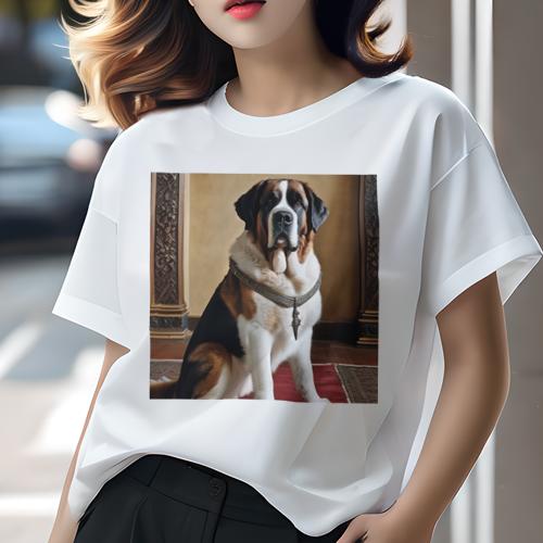 Tシャツ レディース 犬ファン 半袖 春夏 犬柄 プリント カジュアル かわいい 人間用 フィットネス ダンス 豪華な首輪 セントバーナード 室内 絨毯 古風な装飾