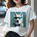 Tシャツ レディース 犬ファン 半袖 春夏 犬柄 プリント カジュアル かわいい 人間用 フィットネス ダンス サングラス シベリアンハスキー 蝶ネクタイ(4)