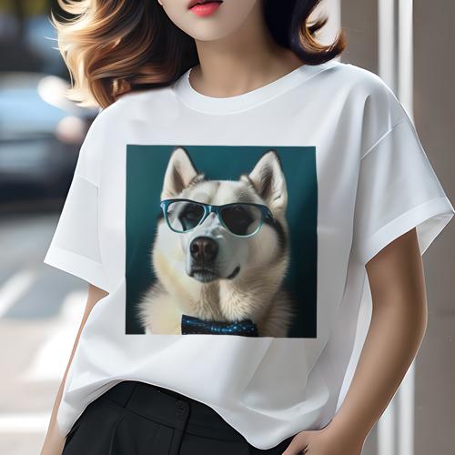 Tシャツ レディース 犬ファン 半袖 春夏 犬柄 プリント カジュアル かわいい 人間用 フィットネス ダンス サングラス シベリアンハスキー 蝶ネクタイ Tシャツ レディース 犬ファン 半袖 春夏 犬柄 プリント カジュアル かわいい 人間用 フィットネス ダンス サングラス シベリアンハスキー 蝶ネクタイ