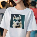 Tシャツ レディース 犬ファン 半袖 春夏 犬柄 プリント カジュアル かわいい 人間用 フィットネス ダンス サングラス シベリアンハスキー 蝶ネクタイ(4)