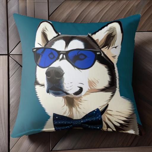 サングラス シベリアンハスキー 蝶ネクタイ 青色 グラフィック クッションカバー 45×45cm アニマル柄 ..