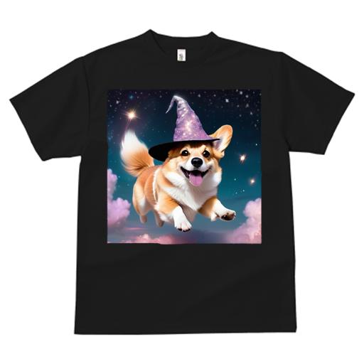 Tシャツ レディース 犬ファン 半袖 春夏 犬柄 プリント カジュアル かわいい 人間用 フィットネス ダンス 魔法の帽子 コーギー 星 雲 夜空