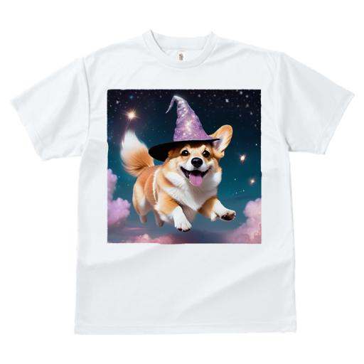 Tシャツ レディース 犬ファン 半袖 春夏 犬柄 プリント カジュアル かわいい 人間用 フィットネス ダンス 魔法の帽子 コーギー 星 雲 夜空