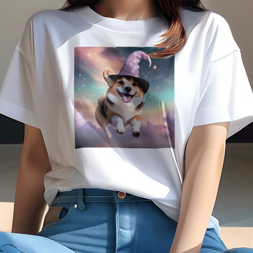 楽天フロントップ楽天市場店Tシャツ レディース 犬ファン 半袖 春夏 犬柄 プリント カジュアル かわいい 人間用 フィットネス ダンス 魔法の帽子 コーギー 星 空 雲 キラキラ
