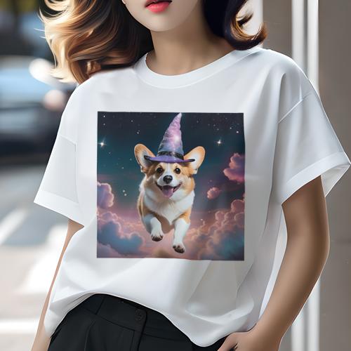 Tシャツ レディース 犬ファン 半袖 春夏 犬柄 プリント カジュアル かわいい 人間用 フィットネス ダンス 魔法の帽子 コーギー 星空 雲
