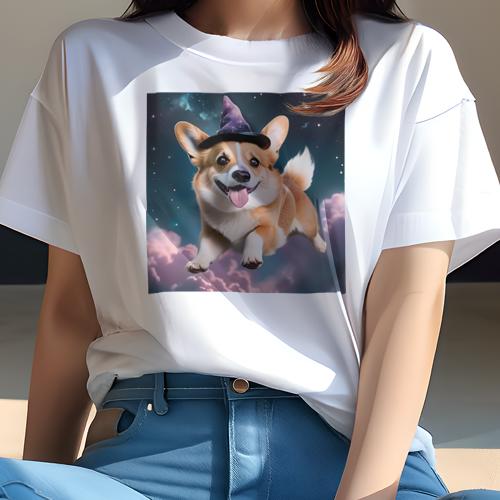 Tシャツ レディース 犬ファン 半袖 春夏 犬柄 プリント カジュアル かわいい 人間用 フィットネス ダンス 魔法の帽子 コーギー 雲 星 夜空