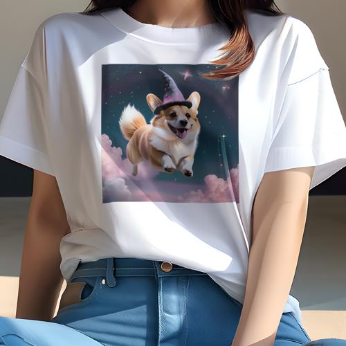 Tシャツ レディース 犬ファン 半袖 春夏 犬柄 プリント カジュアル かわいい 人間用 フィットネス ダンス 魔法の帽子 コーギー 夜空 雲 星