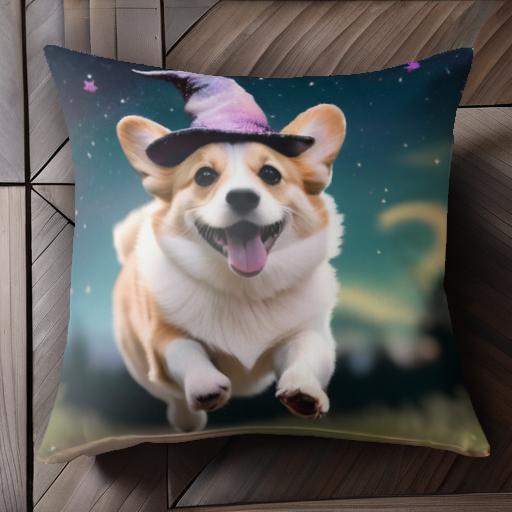魔法の帽子 ウェルシュコーギー 夜空 星 中世ファンタジー クッションカバー 45×45cm アニマル柄 おしゃれ 可愛い クッション本体付き 正方形 犬ファン