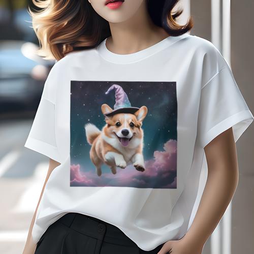 Tシャツ レディース 犬ファン 半袖 春夏 犬柄 プリント カジュアル かわいい 人間用 フィットネス ダンス 魔法の帽子 ウェルシュコーギーペンブローク 雲 星空 Tシャツ レディース 犬ファン 半袖 春夏 犬柄 プリント カジュアル かわいい 人間用 フィットネス ダンス 魔法の帽子 ウェルシュコーギーペンブローク 雲 星空