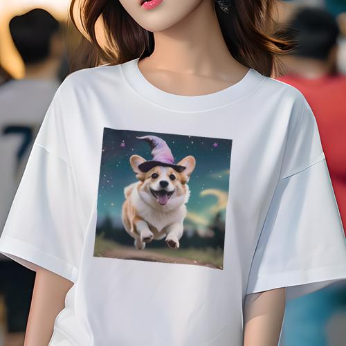 Tシャツ レディース 犬ファン 半袖 春夏 犬柄 プリント カジュアル かわいい 人間用 フィットネス ダンス 魔法の帽子 ウェルシュコーギー 夜空 星 中世ファンタジー