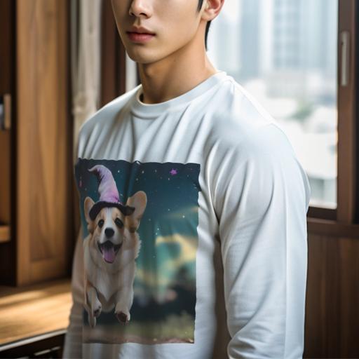 長袖Tシャツ 人間用 メンズ 秋春夏 プリント レジャー アウトドア カジュアル かわいい 犬ファン 魔法の帽子 ウェルシュコーギー 夜空 星 中世ファンタジー