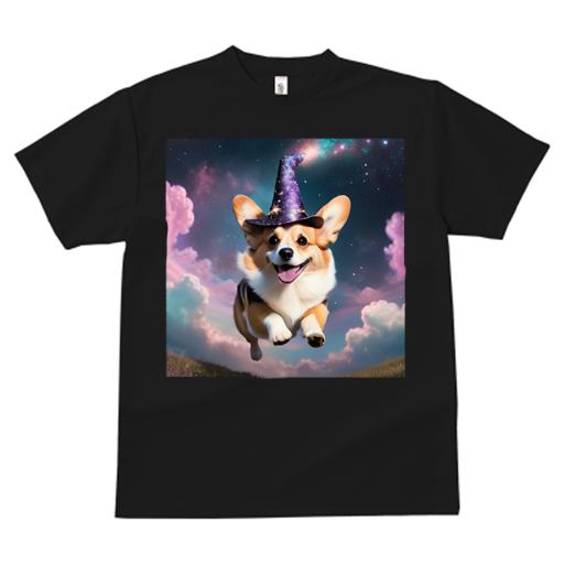Tシャツ レディース 犬ファン 半袖 春夏 犬柄 プリント カジュアル かわいい 人間用 フィットネス ダンス 魔法帽 コーギー 夜空 星 ピンクの雲