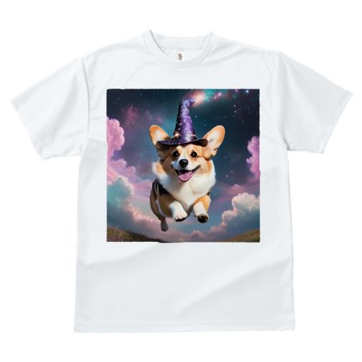 Tシャツ レディース 犬ファン 半袖 春夏 犬柄 プリント カジュアル かわいい 人間用 フィットネス ダンス 魔法帽 コーギー 夜空 星 ピンクの雲