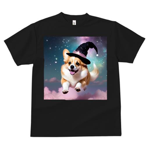 Tシャツ レディース 犬ファン 半袖 春夏 犬柄 プリント カジュアル かわいい 人間用 フィットネス ダンス 魔法の帽子 コーギー 星 雲 夜空