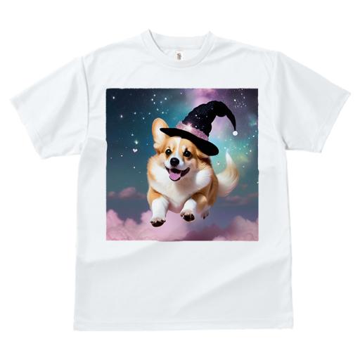 Tシャツ レディース 犬ファン 半袖 春夏 犬柄 プリント カジュアル かわいい 人間用 フィットネス ダンス 魔法の帽子 コーギー 星 雲 夜空