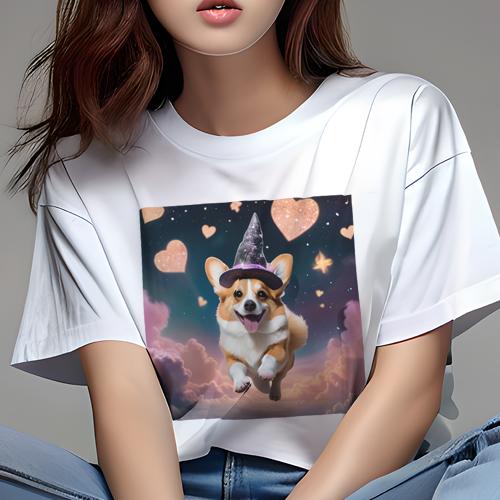 Tシャツ レディース 犬ファン 半袖 春夏 犬柄 プリント カジュアル かわいい 人間用 フィットネス ダンス ハート コーギー 雲 空 夜 魔法使い帽子