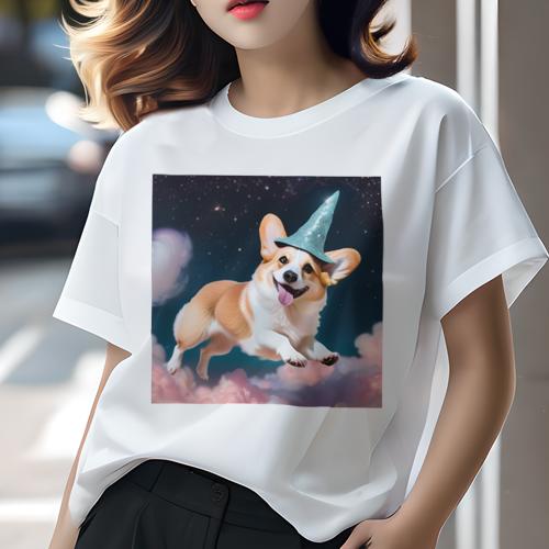 Tシャツ レディース 犬ファン 半袖 春夏 犬柄 プリント カジュアル かわいい 人間用 フィットネス ダンス 魔法の帽子 コーギー 夜空 雲 魔法 星