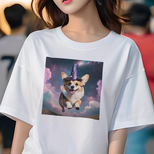 Tシャツ レディース 犬ファン 半袖 春夏 犬柄 プリント カジュアル かわいい 人間用 フィットネス ダンス 魔法帽 コーギー 夜空 星 ピンクの雲